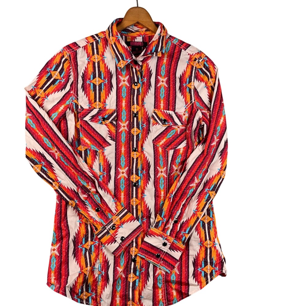 Rock & Roll Denim Western Shirt Womens Small Red Aztec Print  LongSleeve
